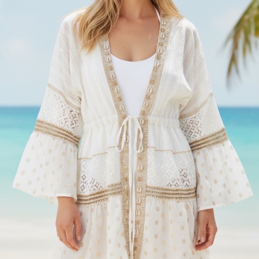 POL L Versatile Aurora Metallic Thread Kimono Top